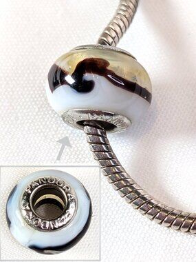 Authentic Pandora Murano White, Brown Swirl, Yellow Charm Glass Bead